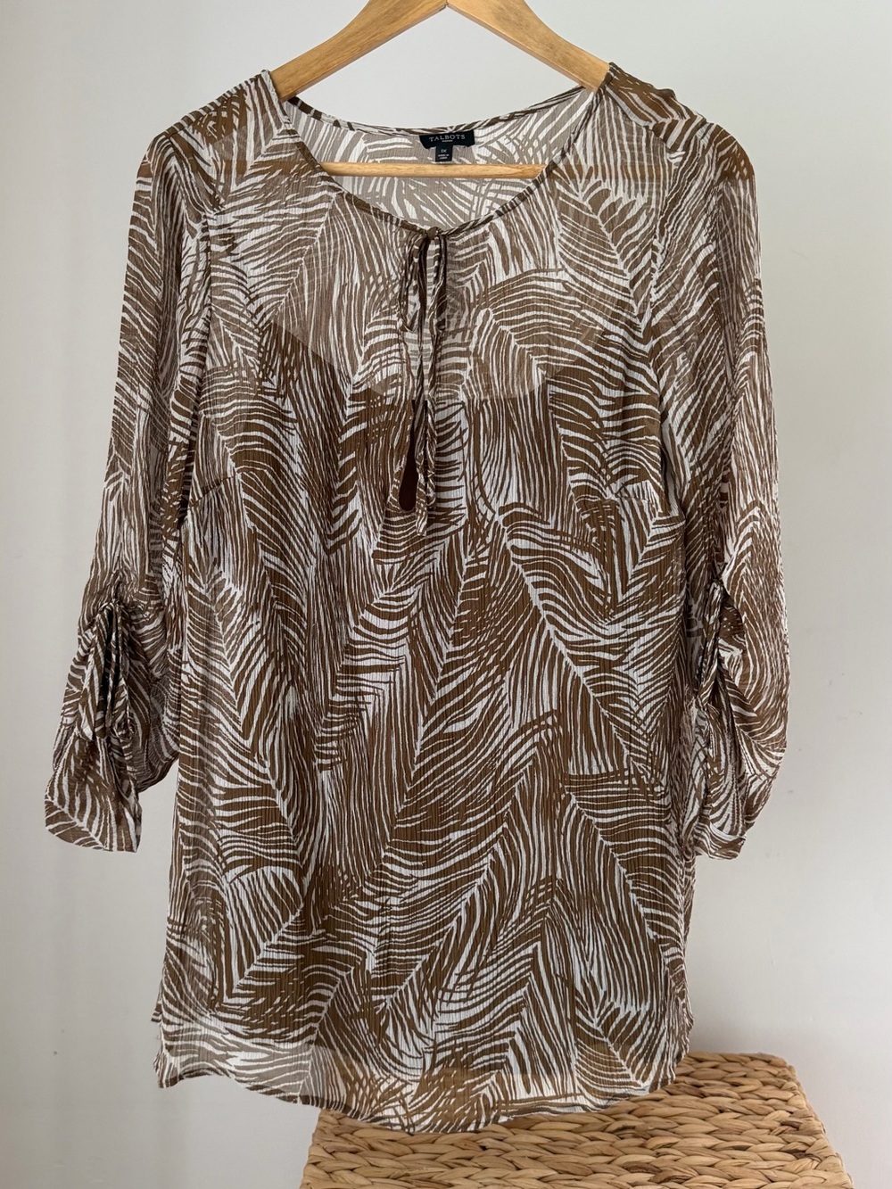 Women's TALBOTS Woman 100% Silk Brown Palm Leaf Print Blouse Top Plus Size 1X